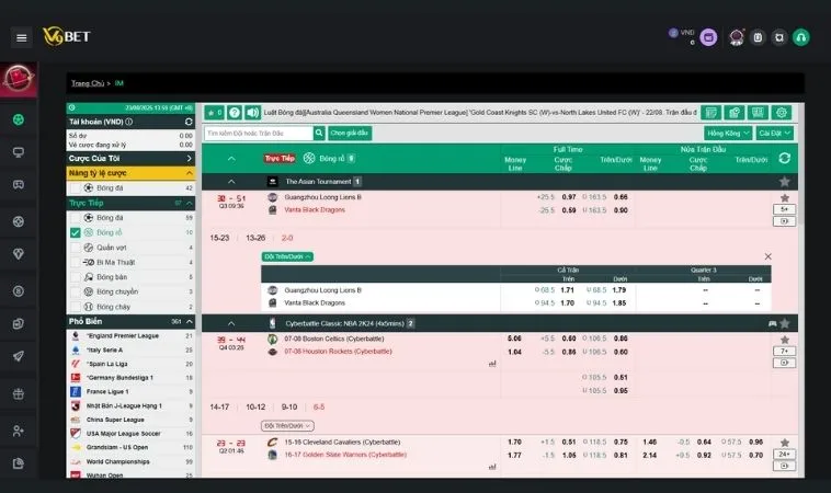 Tìm Hiểu Cá Cược Bóng Rổ V9Bet Với Kinh Nghiệm Thực Tế 2 Giao diện đặt cược kèo Bóng Rổ V9Bet