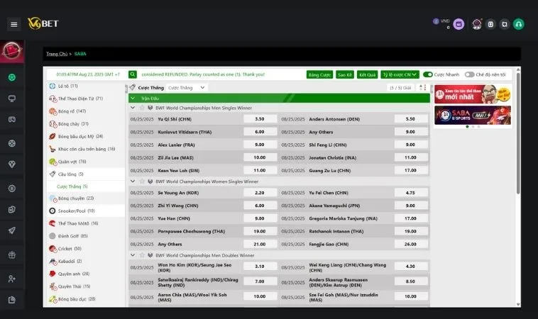 Cách Chơi Cá Cược Cầu Lông Online Tỷ Lệ Cao Tại V9Bet 2 Bảng kèo cá cược Cầu Lông tại nhà cái V9BET