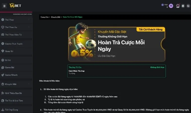 Hoàn Trả Không Giới Hạn Tại Nhà Cái V9Bet Cho Người Chơi 2 Chương trình khuyến mãi Hoàn Trả Không Giới Hạn Tại Nhà Cái V9Bet